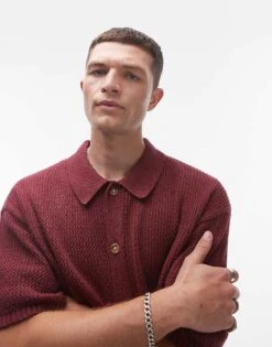 Topman Button Through Crochet Shirt In Plum For Men