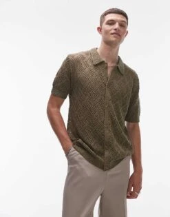 Topman Crochet Button Through Shirt In Khaki For Men