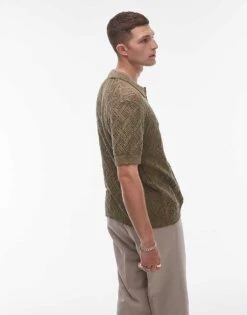 Topman Crochet Button Through Shirt In Khaki For Men -Daily Wardrobe Shop 207000099 4