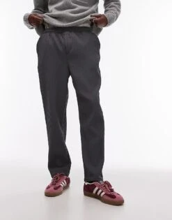 Topman Tapered Plisse Trousers In Charcoal For Men