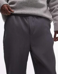Topman Tapered Plisse Trousers In Charcoal For Men -Daily Wardrobe Shop 207056110 4