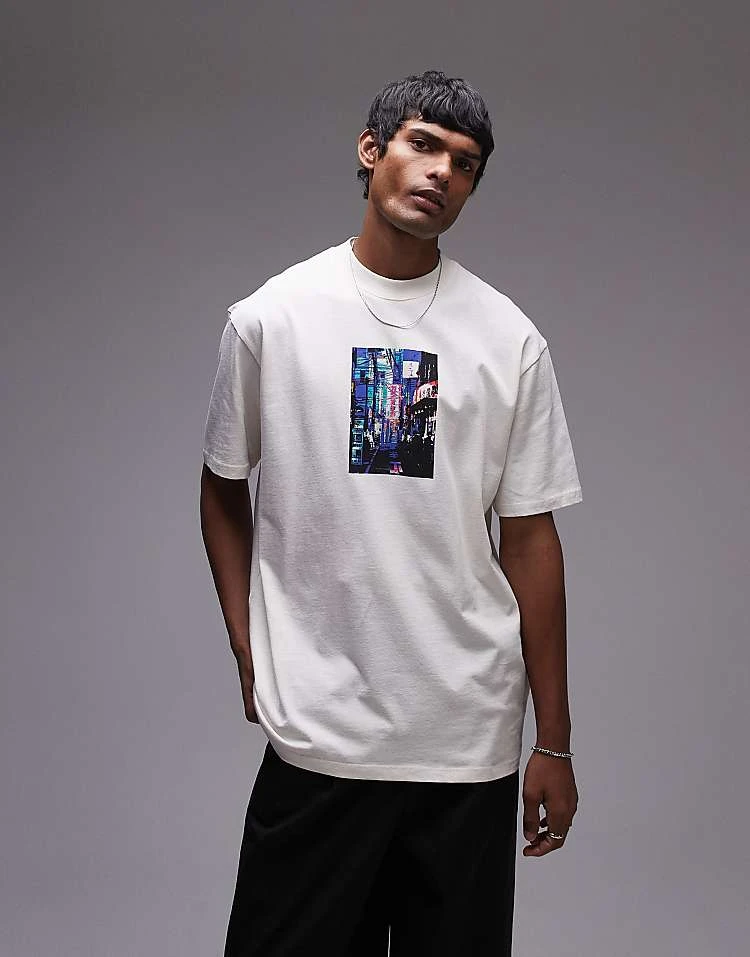 Topman Oversized Fit T-shirt With Tokyo Street Print In Washed Stone For Men 5 Topman Oversized Fit T-shirt With Tokyo Street Print In Washed Stone For Men - Image 3