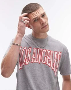 Topman Premium Oversized Fit T-shirt With Los Angeles Print In Grey Marl For Men -Daily Wardrobe Shop 207059938 2