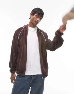 Topman Oversized Fit Velour Full Zip Through With Side Piping Detail In Brown For Men