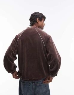 Topman Oversized Fit Velour Full Zip Through With Side Piping Detail In Brown For Men -Daily Wardrobe Shop 207062725 4