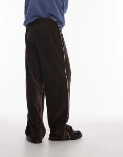 Topman Baggy Leg Velour Joggers With Side Piping In Brown For Men -Daily Wardrobe Shop 207062733 5