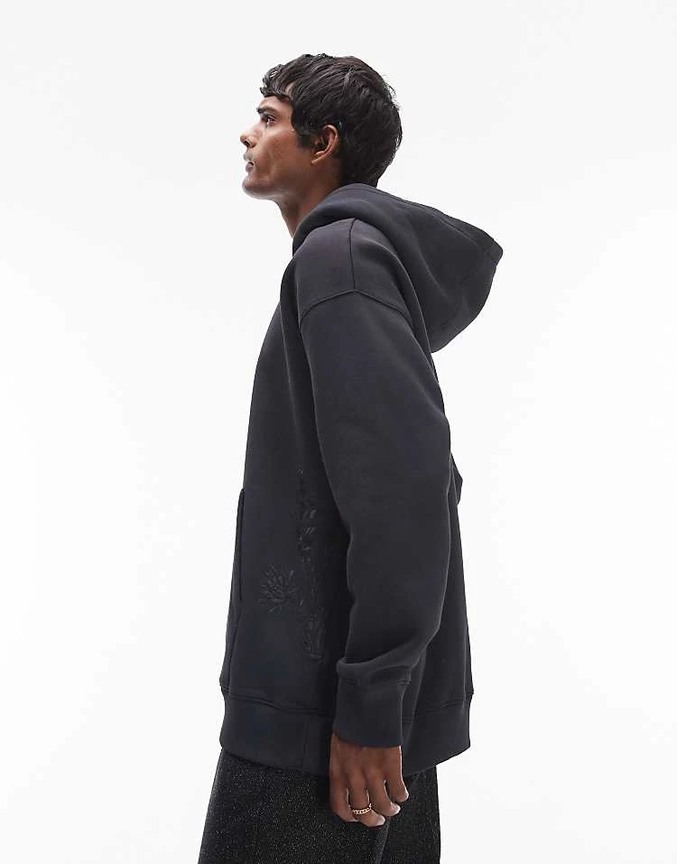 Topman Oversized Fit Hoodie With Floral Embroidery In Washed Black For Men 3 Topman Oversized Fit Hoodie With Floral Embroidery In Washed Black For Men