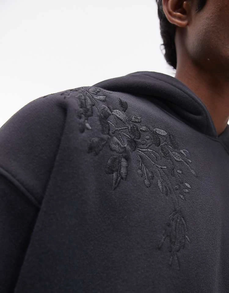 Topman Oversized Fit Hoodie With Floral Embroidery In Washed Black For Men 4 Topman Oversized Fit Hoodie With Floral Embroidery In Washed Black For Men - Image 2