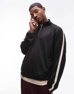 Topman Oversized Fit 1/4 Zip Funnel With Tape Detail In Black For Men -Daily Wardrobe Shop 207123222 1 black 1