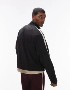 Topman Oversized Fit 1/4 Zip Funnel With Tape Detail In Black For Men -Daily Wardrobe Shop 207123222 3