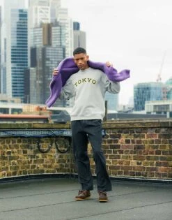 Topman Oversized Fit Sweatshirt With Tokyo Applique Embroidery In Grey Marl For Men