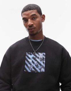Topman Oversized Fit Sweatshirt With Tokyo Street Print In Washed Black For Men -Daily Wardrobe Shop 207131682 1 washedblack 1