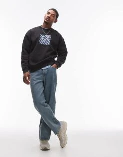 Topman Oversized Fit Sweatshirt With Tokyo Street Print In Washed Black For Men -Daily Wardrobe Shop 207131682 3