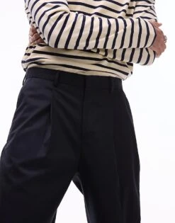 Topman Smart Wide Leg Pleated Trousers In Navy For Men -Daily Wardrobe Shop 207144832 5