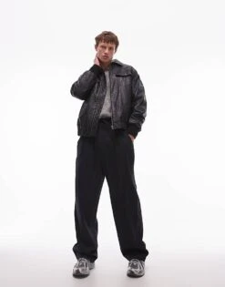 Topman Wide Leg With Elasticated Tie Waist Trousers In Navy For Men