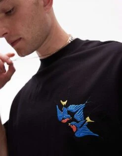 Topman Oversized Fit Cropped T-shirt With Swallow Embroidery In Black For Men -Daily Wardrobe Shop 207170493 2