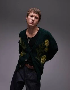 Topman Relaxed Cardigan In Green With Floral Jacquard Pattern For Men 11 Topman Relaxed Cardigan In Green With Floral Jacquard Pattern For Men -Daily Wardrobe Shop 207185179 1 green 1