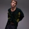 Topman Relaxed Cardigan In Green With Floral Jacquard Pattern For Men -Daily Wardrobe Shop 207185179 1 green