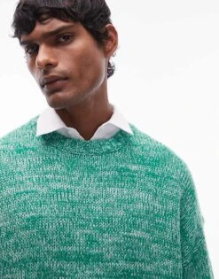 Topman Relaxed Fit Jumper In Green Marl For Men -Daily Wardrobe Shop 207185209 2