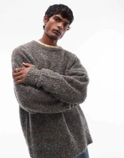 Topman Boucle Jumper In Green And Brown Marl For Men Khaki