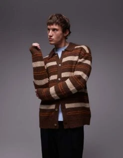 Topman Relaxed Polo Cardigan In Brushed Brown Stripe For Men 11 Topman Relaxed Polo Cardigan In Brushed Brown Stripe For Men -Daily Wardrobe Shop 207185282 1 brown 1