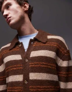Topman Relaxed Polo Cardigan In Brushed Brown Stripe For Men 8 Topman Relaxed Polo Cardigan In Brushed Brown Stripe For Men -Daily Wardrobe Shop 207185282 2