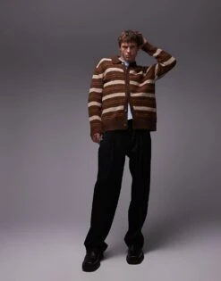 Topman Relaxed Polo Cardigan In Brushed Brown Stripe For Men 9 Topman Relaxed Polo Cardigan In Brushed Brown Stripe For Men -Daily Wardrobe Shop 207185282 3
