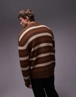 Topman Relaxed Polo Cardigan In Brushed Brown Stripe For Men 10 Topman Relaxed Polo Cardigan In Brushed Brown Stripe For Men -Daily Wardrobe Shop 207185282 4
