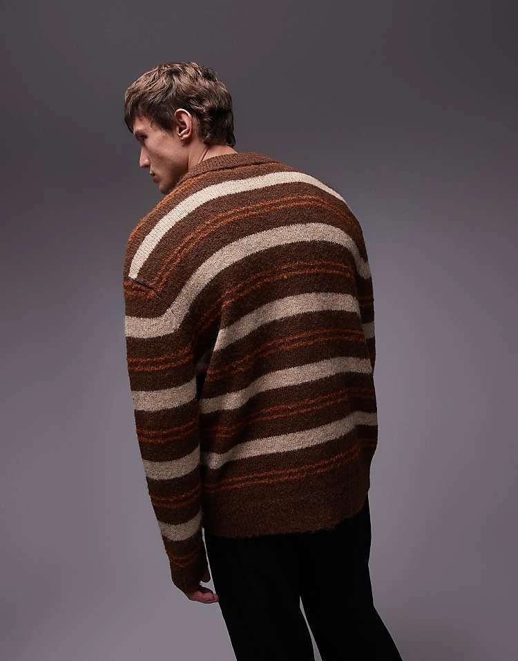 Topman Relaxed Polo Cardigan In Brushed Brown Stripe For Men 6 Topman Relaxed Polo Cardigan In Brushed Brown Stripe For Men - Image 4