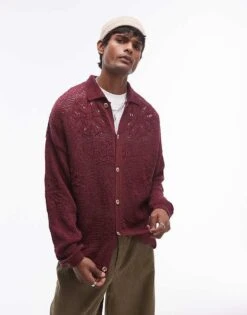 Topman Floral Jacquard Cardigan In Burgundy For Men