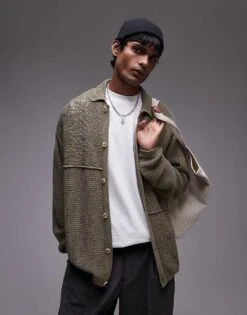 Topman Mixed Pattern Crochet Long Sleeve Polo With Revere Collar In Khaki For Men