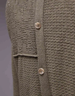 Topman Mixed Pattern Crochet Long Sleeve Polo With Revere Collar In Khaki For Men -Daily Wardrobe Shop 207195201 4