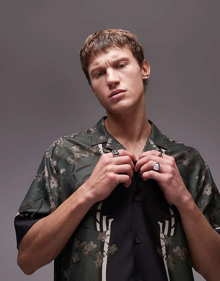 Topman Short Sleeve Satin Printed Shirt In Dark Green For Men 7 Topman Short Sleeve Satin Printed Shirt In Dark Green For Men - Image 5