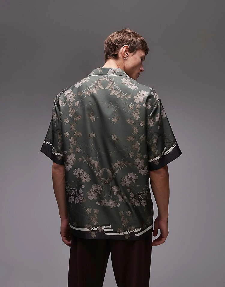 Topman Short Sleeve Satin Printed Shirt In Dark Green For Men 6 Topman Short Sleeve Satin Printed Shirt In Dark Green For Men - Image 4