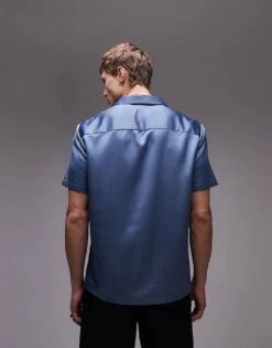 Topman Short Sleeve Satin Shirt In Mid Blue For Men -Daily Wardrobe Shop 207208038 3