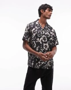 Topman Short Sleeve Satin Floral Shirt In Black For Men -Daily Wardrobe Shop 207208053 1 black 1
