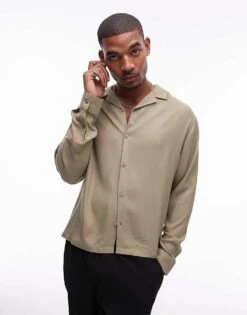 Topman Long Sleeve Viscose Shirt In Khaki For Men