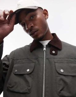 Topman Wax Look Jacket With Cord Collar In Green For Men -Daily Wardrobe Shop 207213890 3