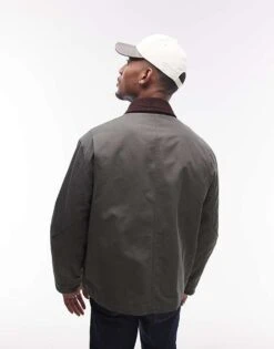 Topman Wax Look Jacket With Cord Collar In Green For Men -Daily Wardrobe Shop 207213890 4