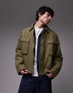 Topman Harrington Jacket With Double Chest Pockets In Khaki For Men