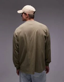 Topman Oversized Fit Long Sleeve T-shirt In Washed Khaki For Men -Daily Wardrobe Shop 207213994 2