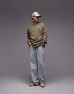 Topman Oversized Fit Long Sleeve T-shirt In Washed Khaki For Men -Daily Wardrobe Shop 207213994 3