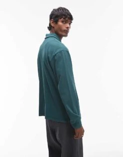 Topman Long Sleeve Polo In Washed Green For Men -Daily Wardrobe Shop 207214308 4