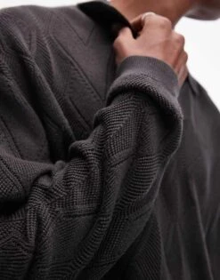 Topman Knitted Diamond Pattern Pointelle Long Sleeve Polo In Dark Grey For Men -Daily Wardrobe Shop 207233522 3