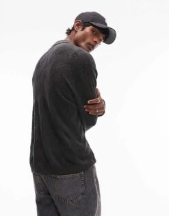 Topman Knitted Diamond Pattern Pointelle Long Sleeve Polo In Dark Grey For Men -Daily Wardrobe Shop 207233522 4