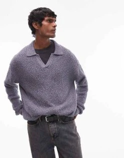 Topman Knitted Cotton Revere Polo In Light Blue For Men Slate Blue