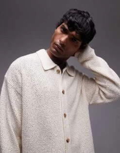 Topman Long Sleeve Open Knit Shirt In Cream For Men Stone 11 Topman Long Sleeve Open Knit Shirt In Cream For Men Stone -Daily Wardrobe Shop 207233538 1 stone 1