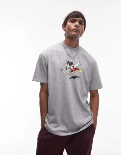 Topman Disney Premium Extreme Oversized Fit T-shirt With Mickey Cupid Print In Grey Marl For Men