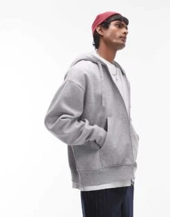 Topman Oversized Fit Full Zip Hoodie In Grey For Men