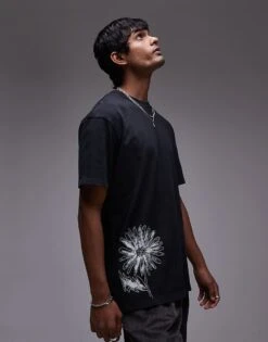 Topman Premium Oversized Fit T-shirt With Front And Back Linear Floral Print And Embroidery In Washed Black For Men -Daily Wardrobe Shop 207281600 2